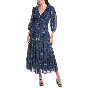 Maison Tara Womens Chiffon Crepe Maxi Dress, Blue